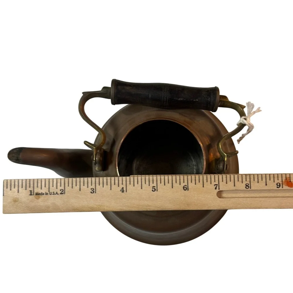 Vintage MCM Copper Tea Kettle Etched Floral Swan Spout Wood Handle‎ Rustic Decor